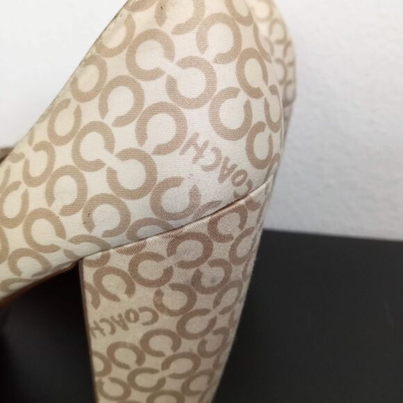 COACH Corey High Heel Peep Toe Pumps Chunky Shoes Signature Lace Up Bow 10 B - Picture 6 of 8
